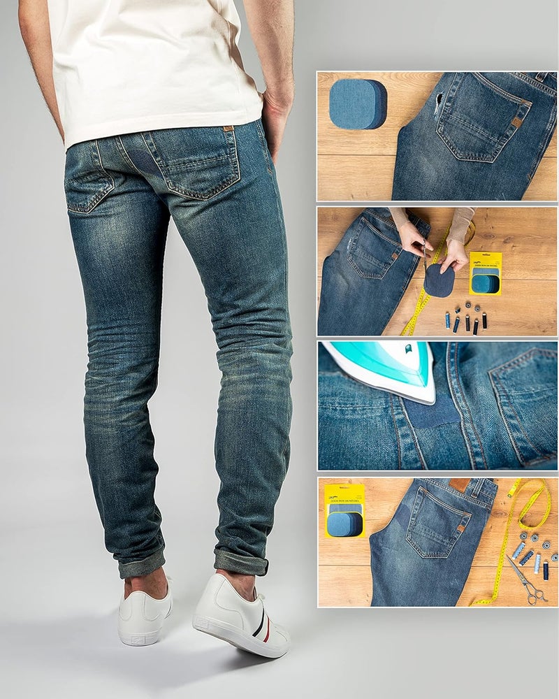 ZEFFFKA Denim Iron-on Jean Patches Inside & Outside Strongest Glue 100% Cotton Assorted Shades of Blue Black Repair Decorating Kit 10 Pieces Size 4-1/4" by 3-3/4" (9.8 cm x 10.8 cm) - Image 4
